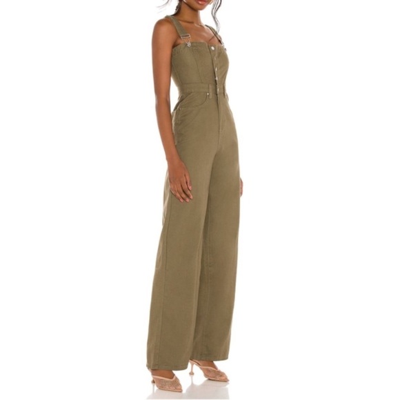 NWT WeWoreWhat Cotton Linen Bustier Jumpsuit in Olive Green Overalls Wide Leg - Picture 2 of 10